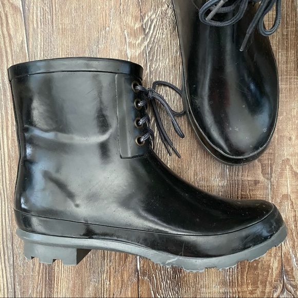 Short Black Lace-Up Women’s Rain Boots - Picture 2 of 5